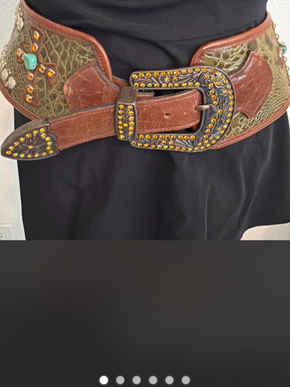 Kurtmen leather alligator belt studs crystals turquoise cross statement belt - Picture 5 of 16
